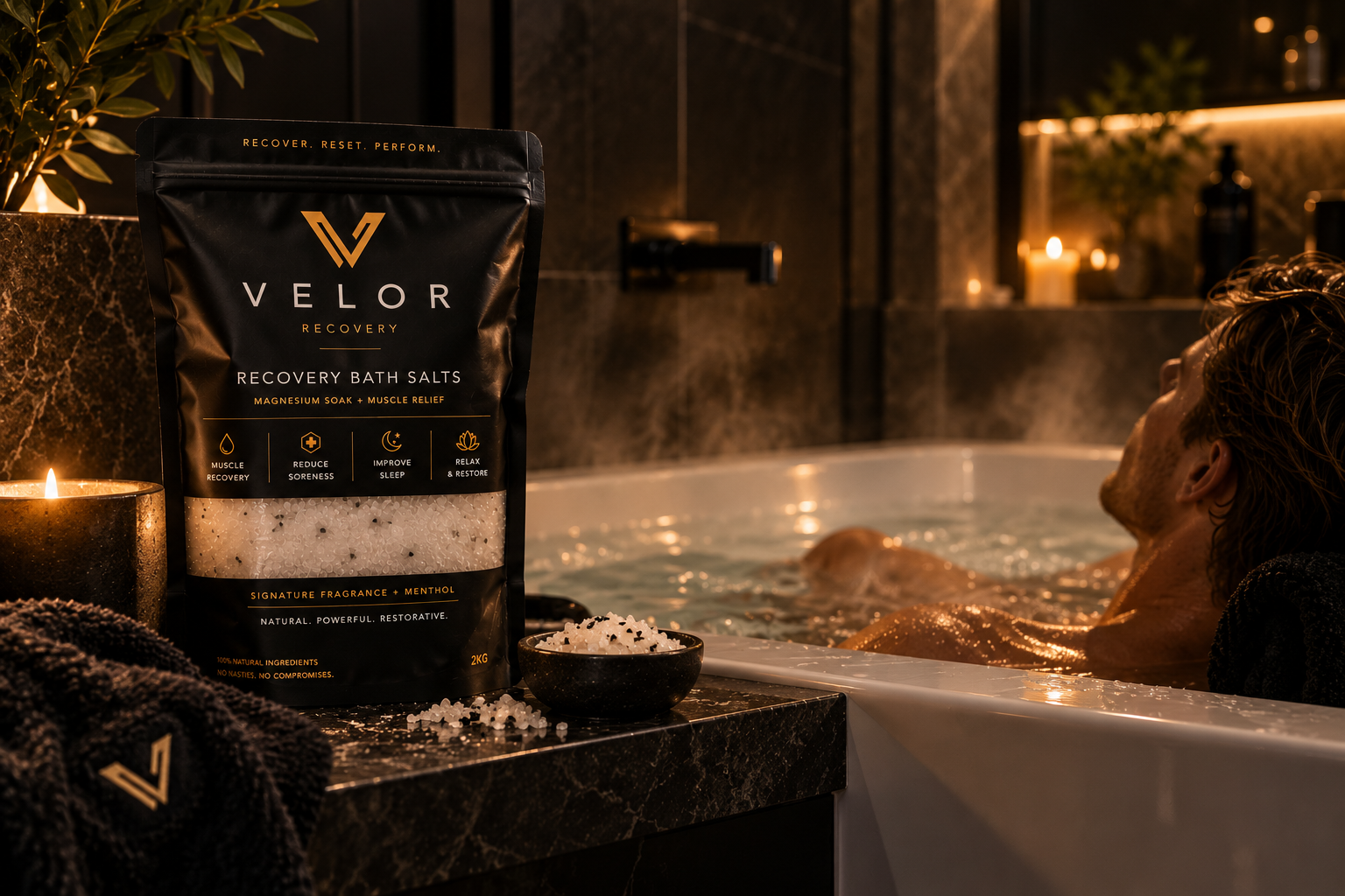 Velor Recovery Soak beside a warm bath