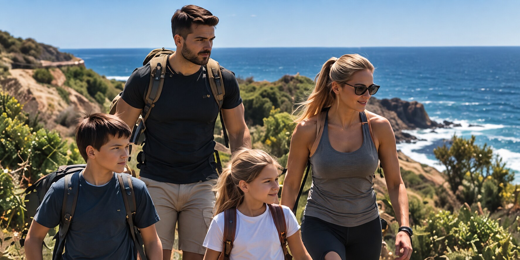 Active family hiking beside the Australian coast