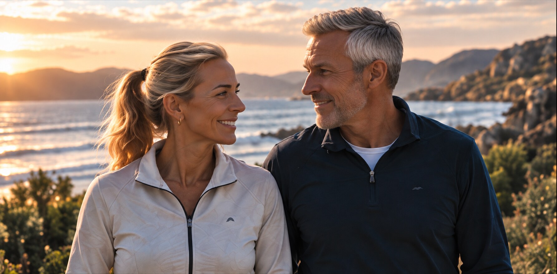 Active couple unwinding on a coastal walk at sunset