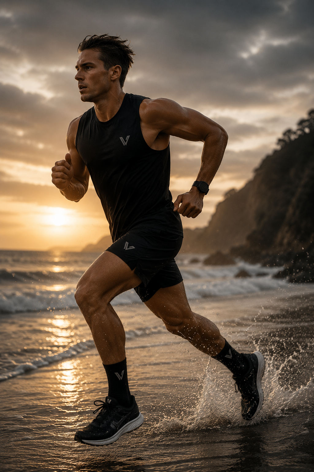 Athlete running along the shoreline at sunrise