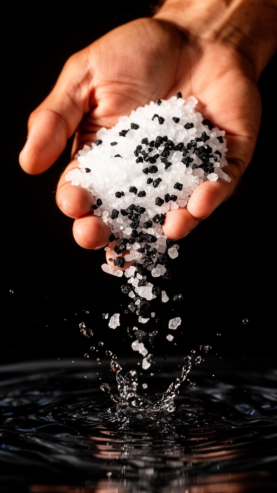 Hands pouring black and white mineral bath salts into dark water