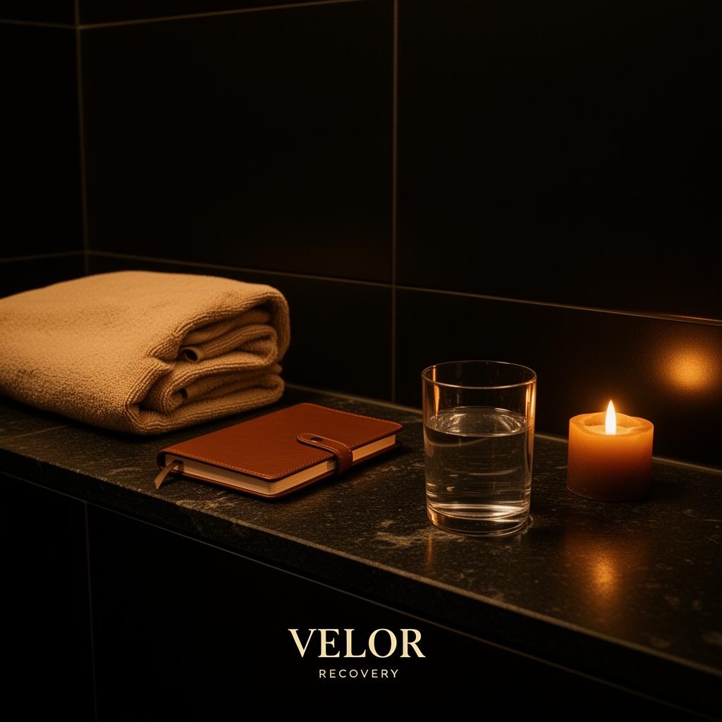 Evening recovery setup with towel, journal and water