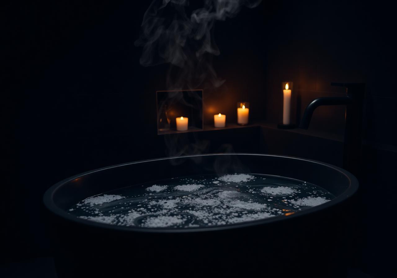 Warm dark bath with mineral salts being poured in