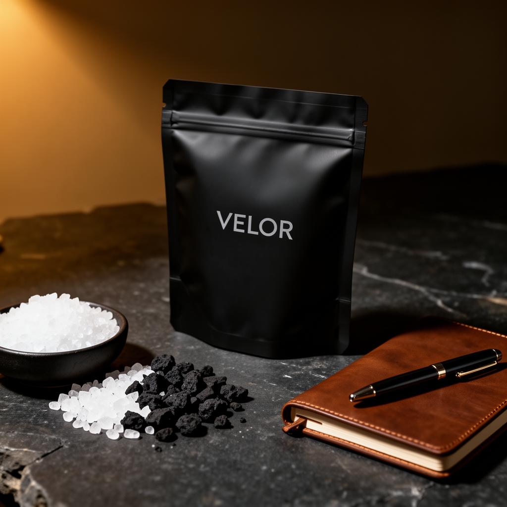 Matte black VELOR pouch with mineral salts and a notebook