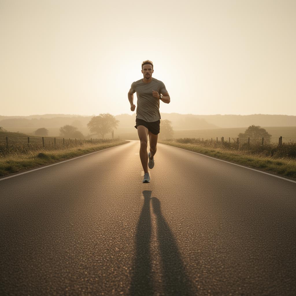 Lone runner on an empty road at sunrise