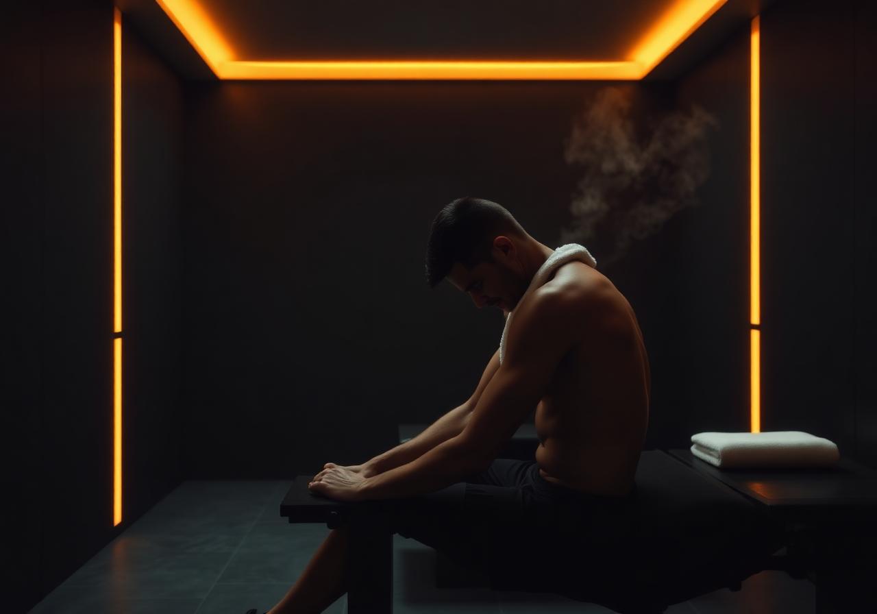 Athlete sitting quietly in a dark recovery room