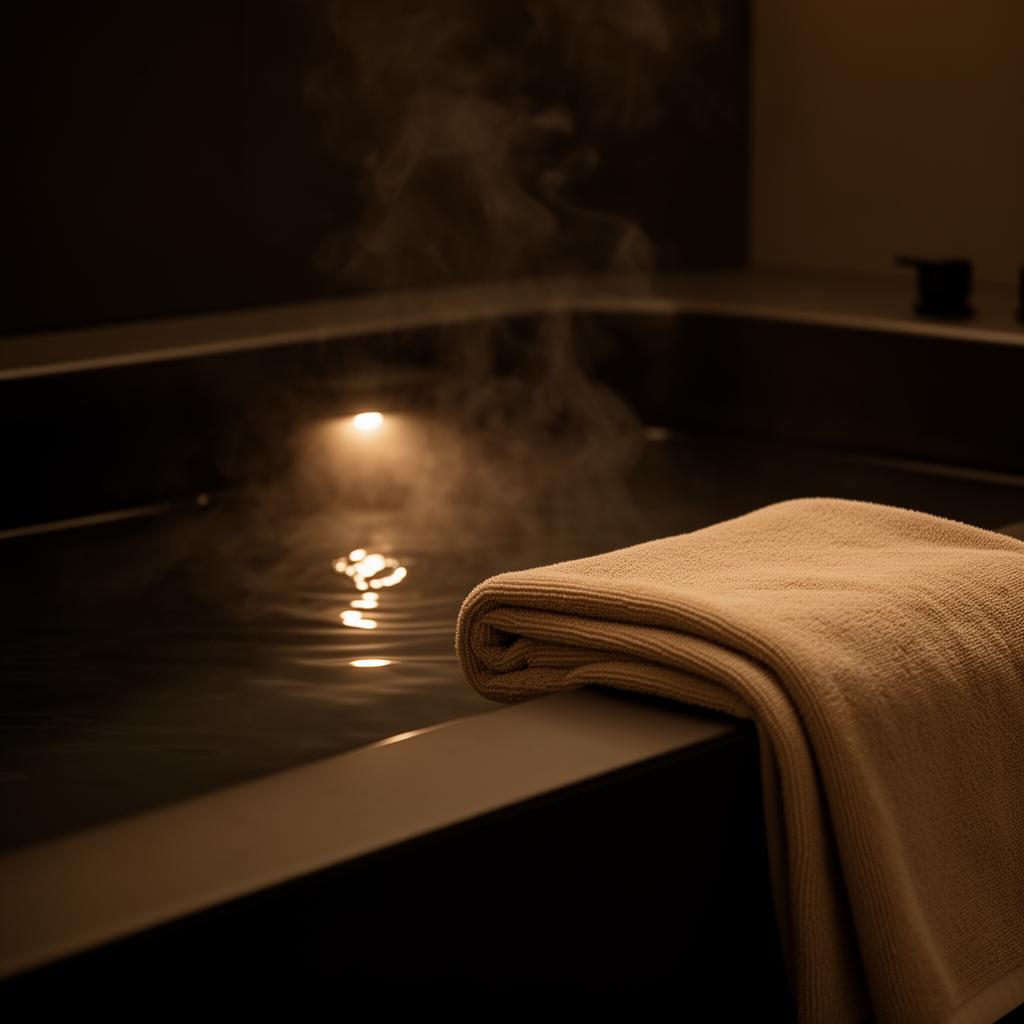 Warm dark bath with low light and steam