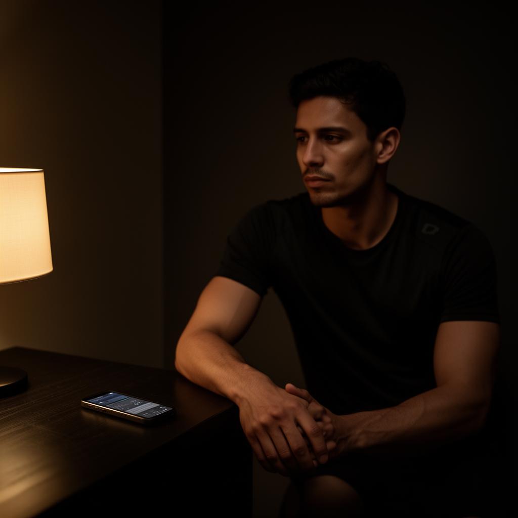 Athlete alone in dark room with phone face down