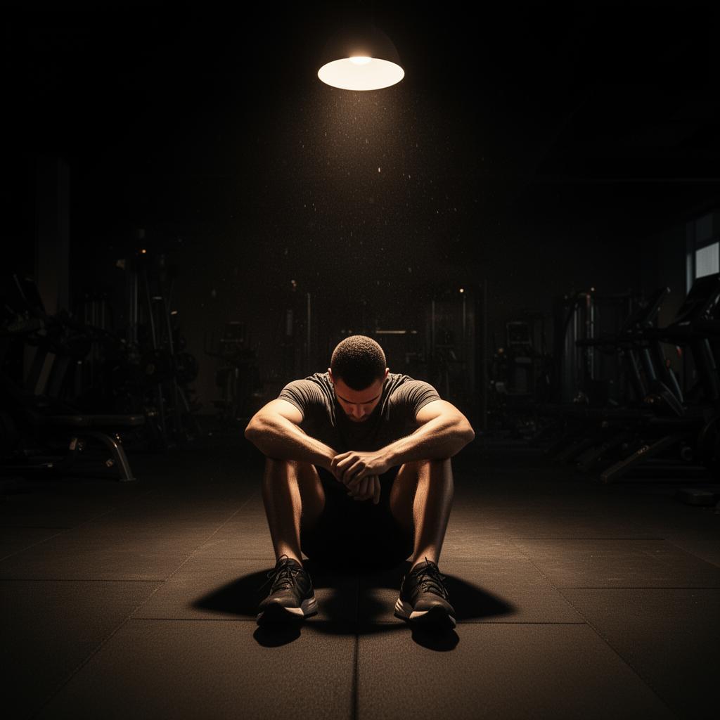 Exhausted athlete sitting in an empty gym