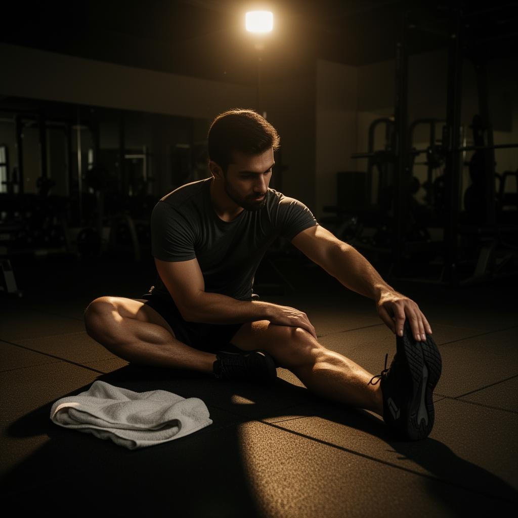 Athlete stretching legs after hard training