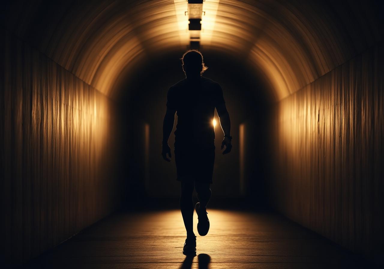 Silhouette of an athlete walking through a tunnel