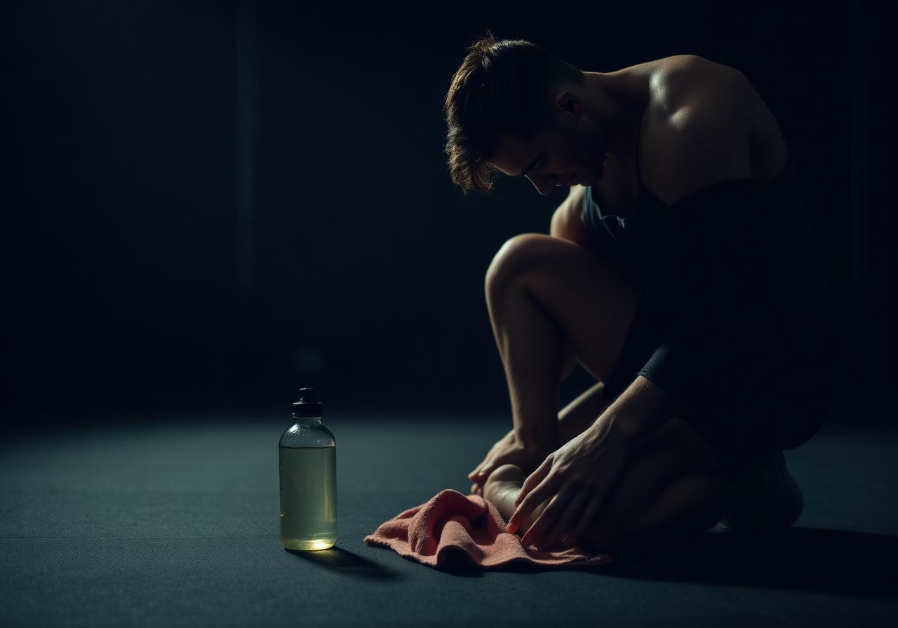 Athlete cooling down on a dark gym floor