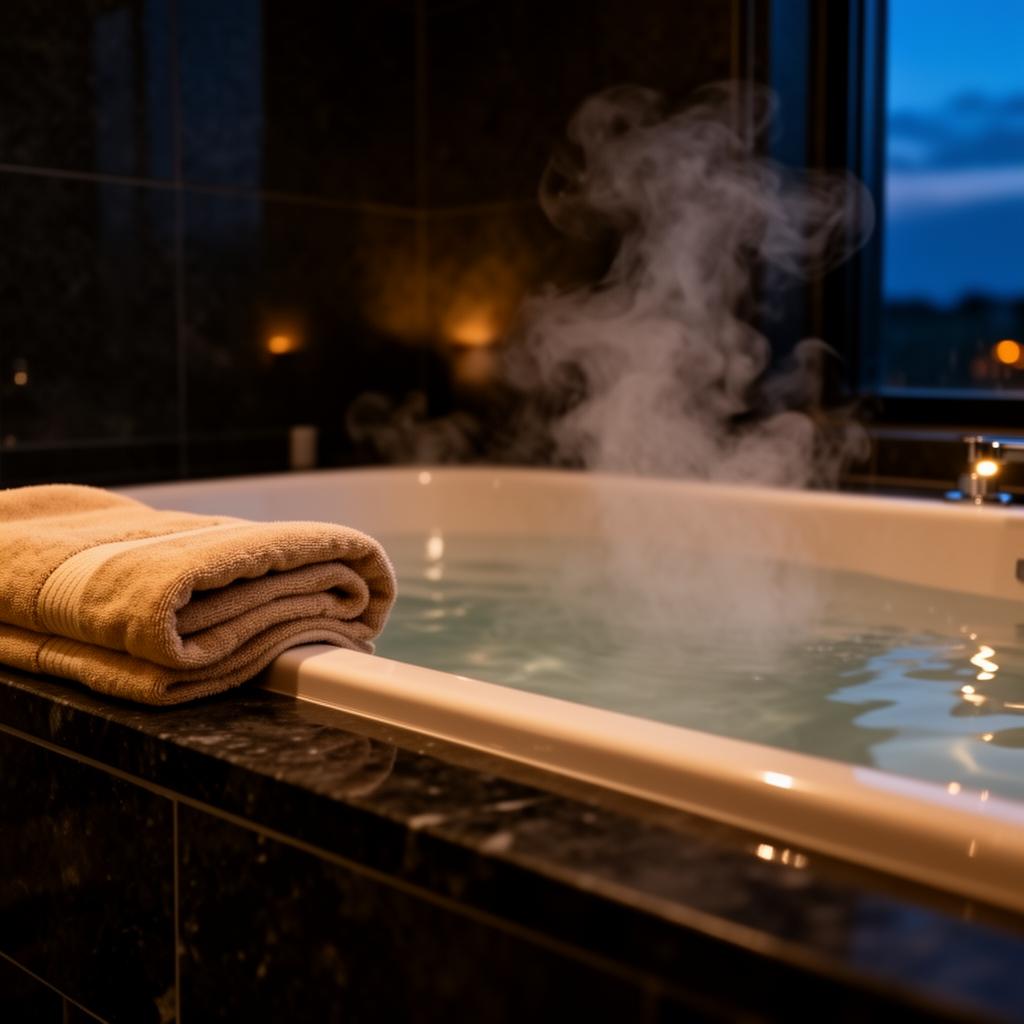 Evening bath ritual with steam and dim lighting