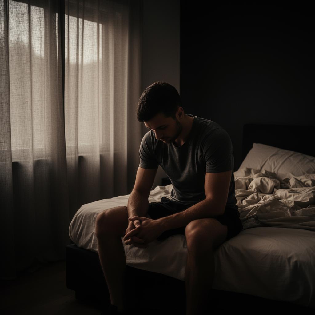 Athlete sitting on edge of bed in early morning light